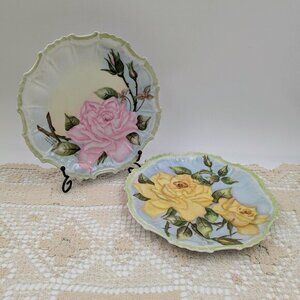 Pair of 1960s Vintage Rose / Floral Porcelain Plates - Signed by Artist